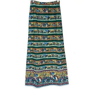 Vintage 70s Green Colorful Striped Folk Art Printed Maxi Skirt